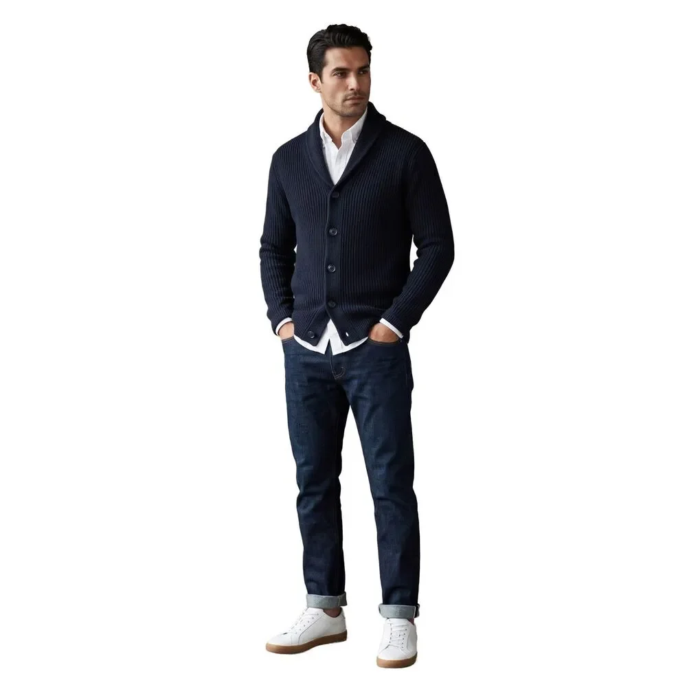 H&M Men's Navy Blue Black Ribbed Shawl Collar Cardigan Sweater Size Extra Small